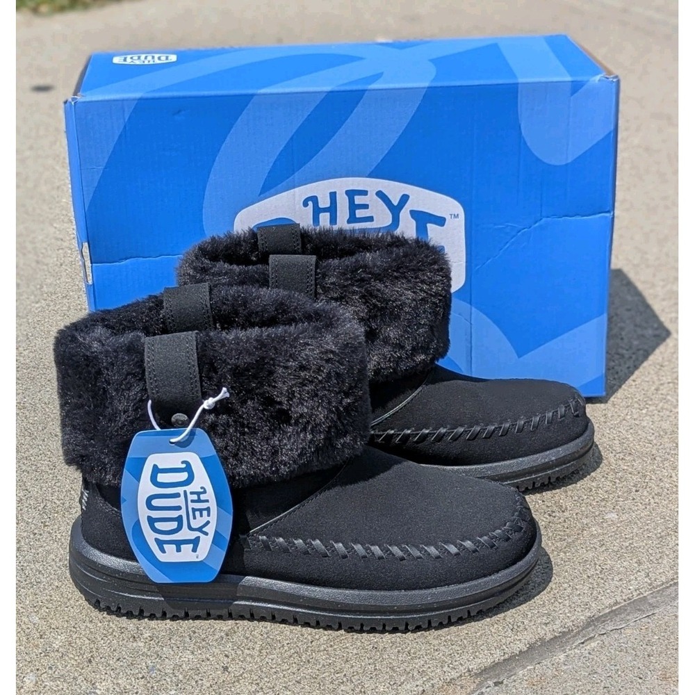 Hey Dude Camden Cuff Classic Cozy Black Faux Fur Boots NIB Women's 7 - Picture 1 of 10
